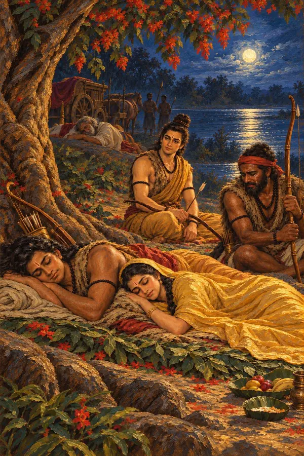 Rama and Sita sleep on the bed of grass and leaves under the tree. Lakshmana sits with his bow and an arrow, keeping watch. Guha sits by him with his bow, and tears run down his face. Leaf cups hold fruit.