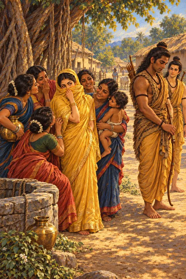 Under the banyan the glad village women are near Sita. She has covered her face with the end of her garment and glances sidelong at Rama, who holds a bow. Lakshmana is with him.