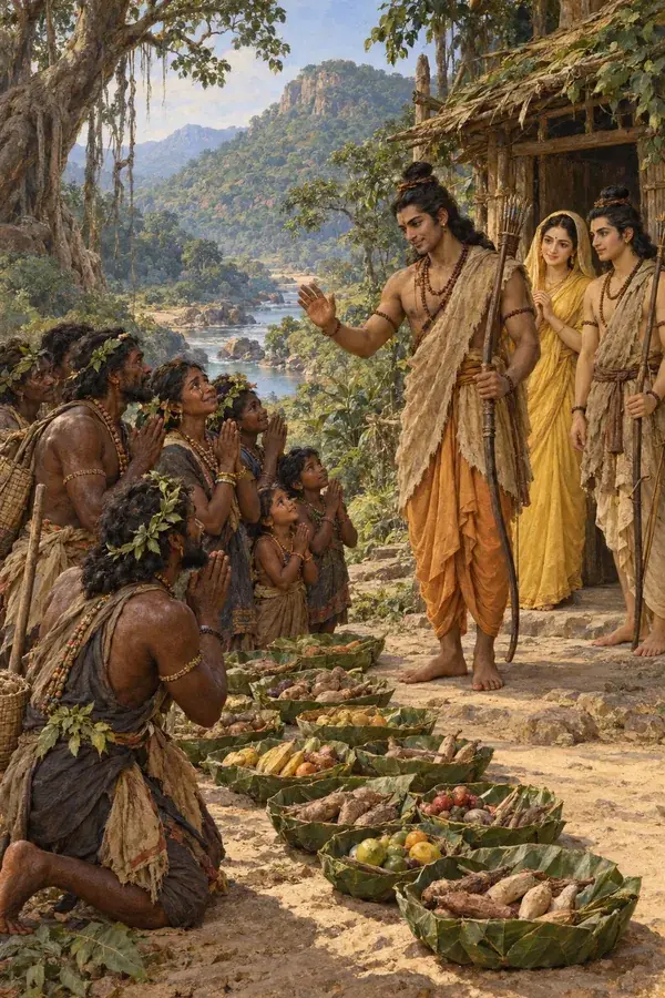At Chitrakuta the Kols and Kiratas, men, women, and children, gaze at Rama with joined hands. Leaf cups of roots and fruit lie before him.