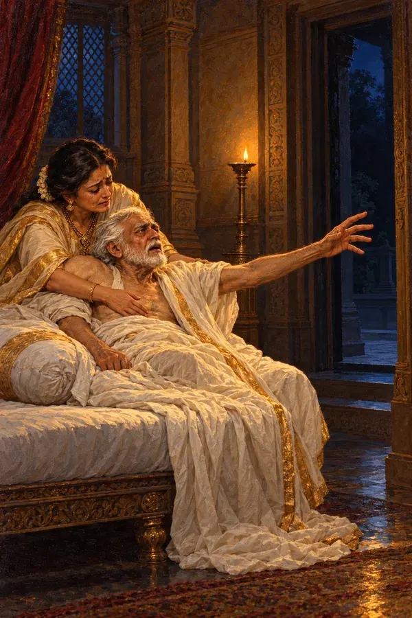 In the night Dasharatha cries out for Rama, Sita, and Lakshmana, and Kausalya is with him.
