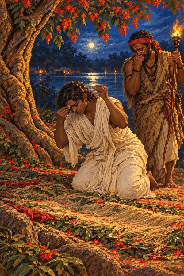 At the bed of kusha grass under the shimshapa where Rama rested, Bharata touches the dust of the footprints to his eyes and the specks of gold to his head. Guha is with him.