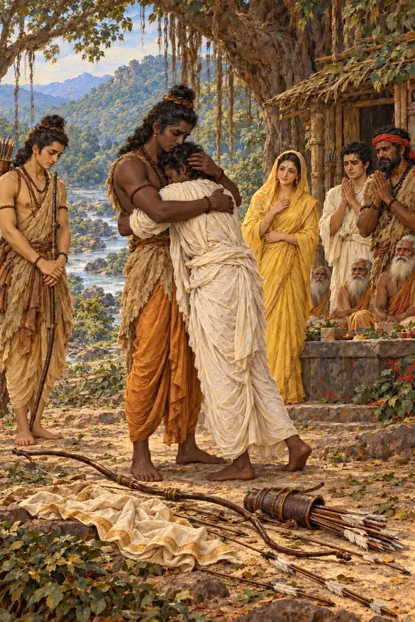 Under a banyan at Chitrakuta, Rama holds Bharata to his heart. Rama's cloth, quiver, bow, and arrows lie on the ground. Lakshmana, Sita, Shatrughna, and Guha look on.
