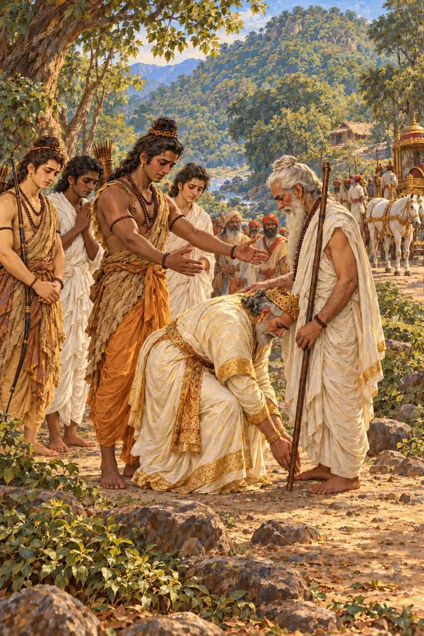 At Chitrakuta, Janaka bends to the feet of an old sage, and Rama, with his brothers, comes to meet him. Farther back on the road, behind the sage, stand a chariot and horses.