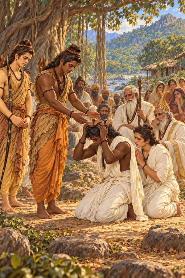 Before the guru and the gathered company, Rama gives Bharata his sandals, and Bharata places them on his head.