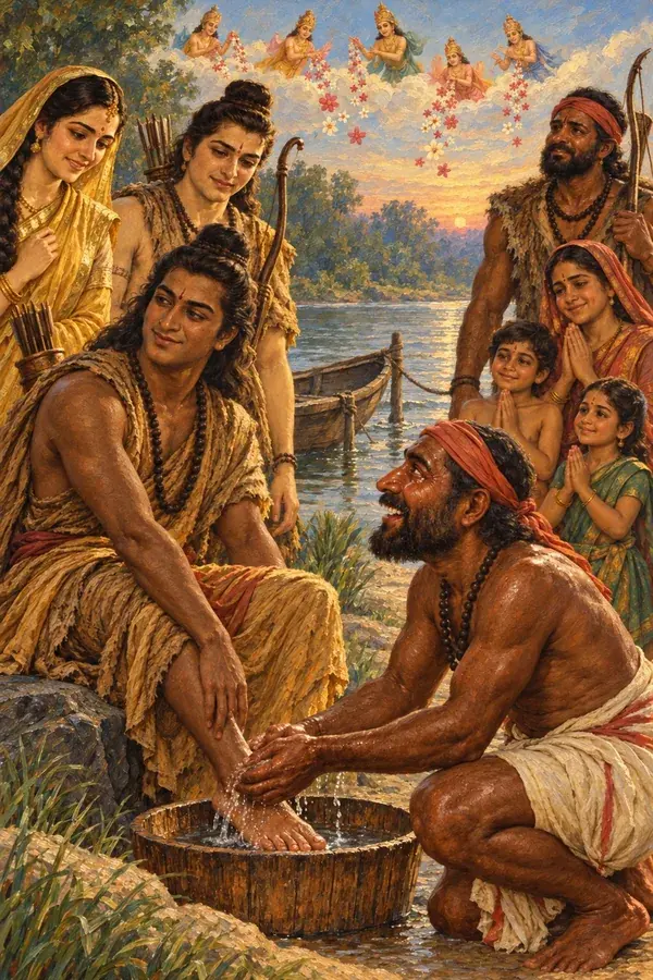 On the bank of the Ganga the boatman washes Rama's feet in a wooden vessel of water while Rama smiles; Sita and Lakshmana are with him, and a boat waits at the bank.