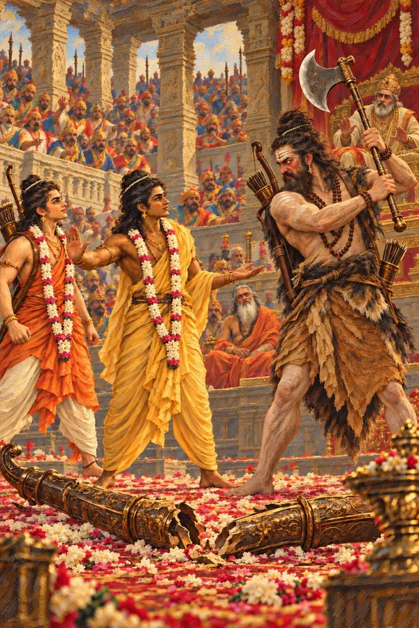 In Janaka's assembly Parashurama, red with anger, raises the axe, the assembly cries out, and Rama checks Lakshmana with a sign.