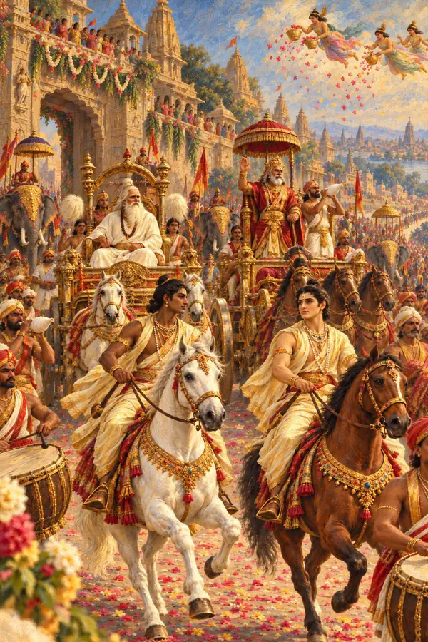 The wedding party sets out from Ayodhya: Vasishtha and Dasharatha on two chariots, conches sounding, two fine princes making their horses dance to the drums, and gods raining flowers.