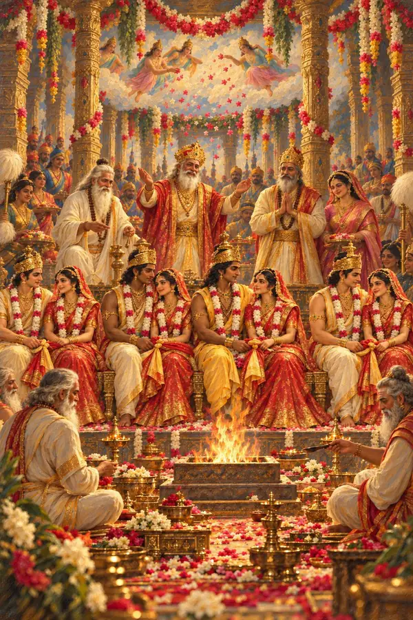 The four grooms with their brides in one wedding pavilion, a fire burning, the gods raining flowers, and Dasharatha, glad, looking at all his sons with their brides.