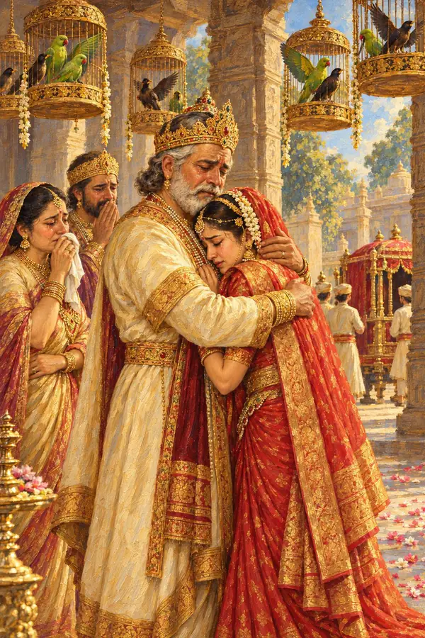 Janaka, water filling his eyes, holds Sita to his heart at the farewell, with his brother, the parrots and mynas Sita reared in their golden cages, and a palanquin.