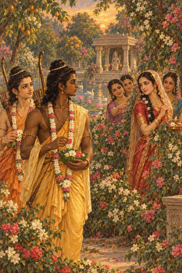 In the Janakpur flower garden, dark Rama turns at the sound of anklets, and his gaze meets Sita's through the creepers.