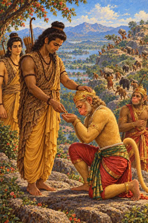 प्रवर्षण पर्वत पर खोज को निकलते वानर और भालू दलों के बीच राम सिर झुकाकर घुटने के बल बैठे हनुमान का सिर अपने हाथ से छूते हैं और अपनी अँगूठी उनके हाथों में रख देते हैं।