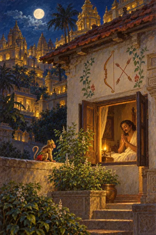 In Lanka at night tiny Hanuman watches from a wall as Vibhishana wakes in a house marked with Rama's bow, tulsi at its door.