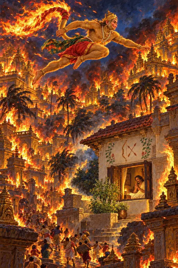 Hanuman, tail ablaze, leaps from palace to palace setting Lanka on fire as Vibhishana's house stands untouched.