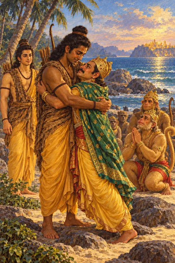 On the near shore Rama takes the weeping Vibhishana in his arms as Lakshmana, Hanuman and the vanaras look on.