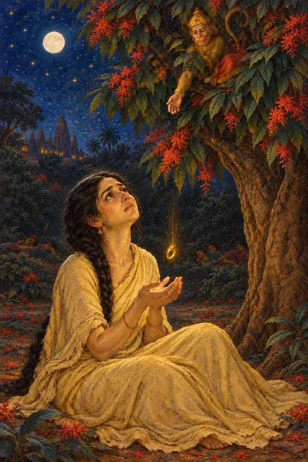 At midnight in the Ashoka grove Sita asks the Ashoka tree for fire, and Hanuman drops Rama's ring, which glows like an ember.