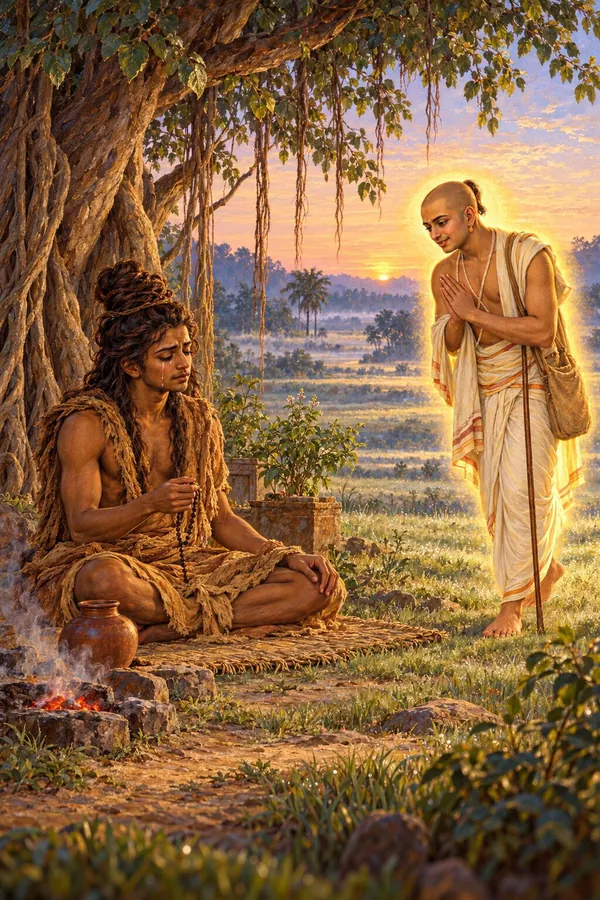 अवधि के अन्तिम दिन कुश के आसन पर जटाओं का मुकुट बाँधे भरत आँखों से आँसू बहाते राम राम जप रहे हैं, और ब्राह्मण का रूप धरे हनुमान सुनहरी आभा में हाथ जोड़े उनके पास आ पहुँचते हैं।