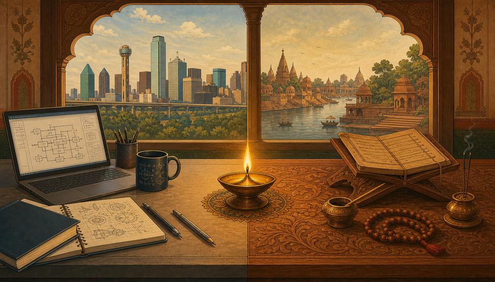 A reading desk with twin windows: Dallas skyline on the left, Varanasi ghats on the right; laptop, notebook, brass diya, scripture stand, japa mala on the desk