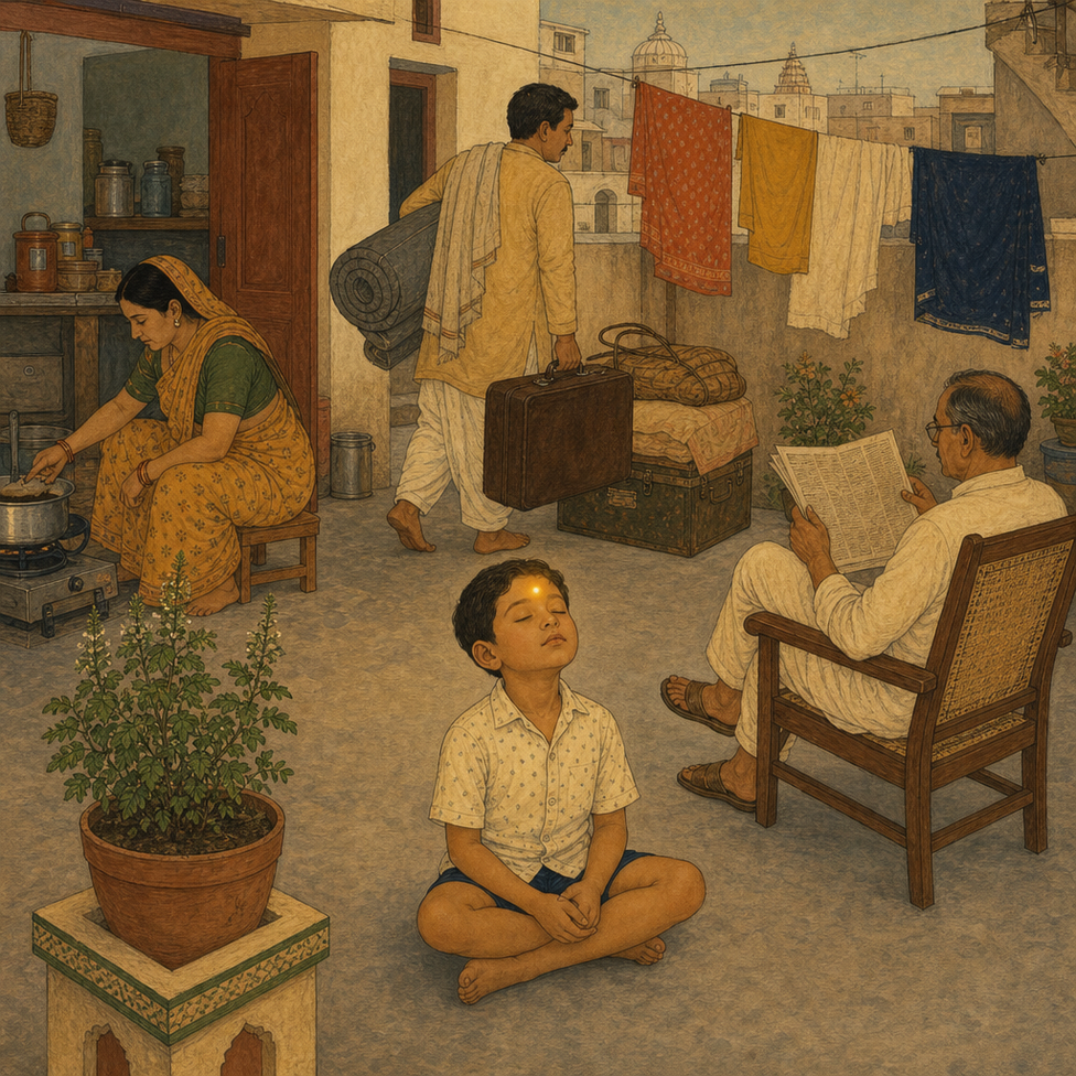 An Indian household courtyard at dawn: a boy meditating in white, a mother folding clothes on a line, a father reading in a chair, an older sibling with a small bag near the door