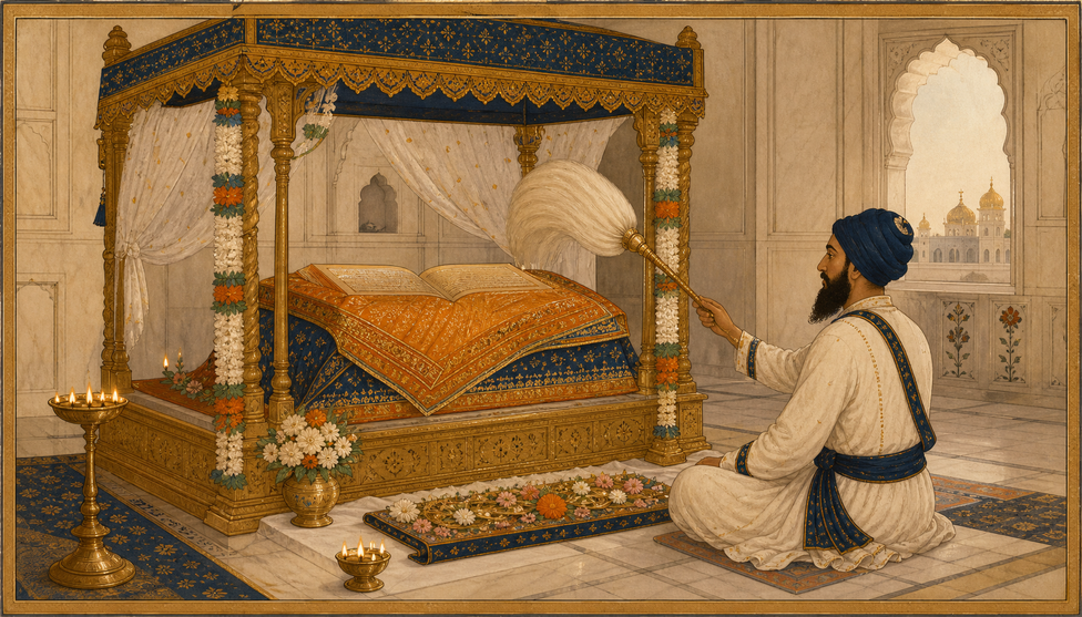A devotee in white doing chaur-sahib seva: gently waving a white whisk over the Adi Granth on a canopied palanquin, candles and flowers around, Golden Temple silhouette through the arch