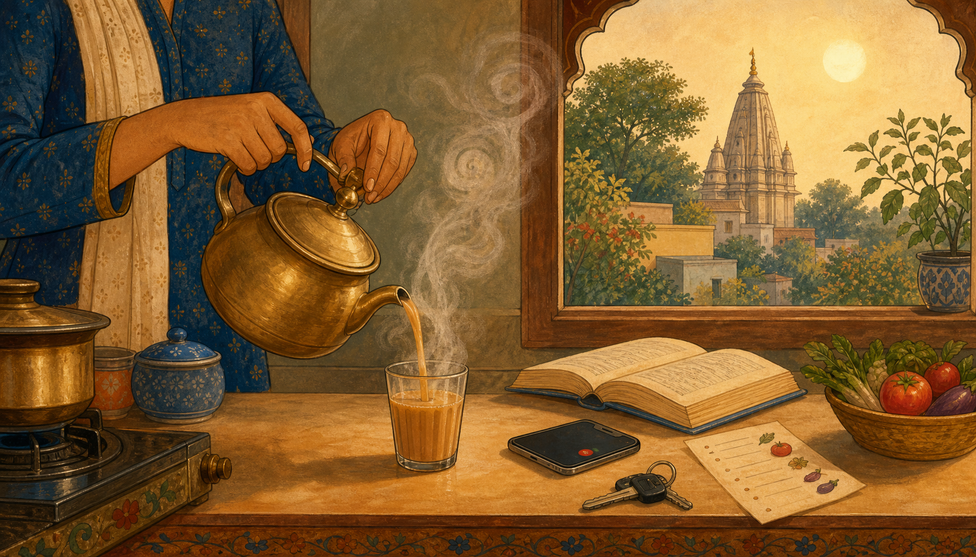 Hands pouring chai from a brass kettle into a glass on a wooden counter; an open book and house keys beside it; a temple shikhara through the window