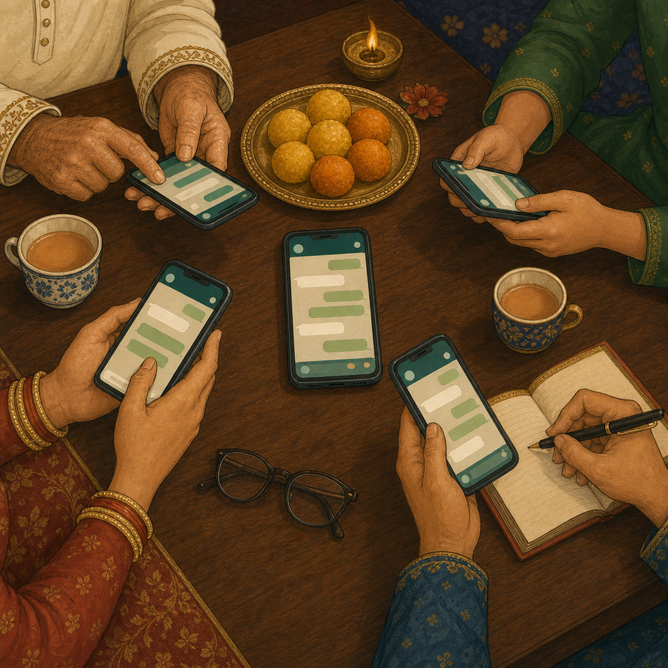 Four people seated at a table sharing a meal, but each looking down at their own smartphone; oranges and chai cups between them