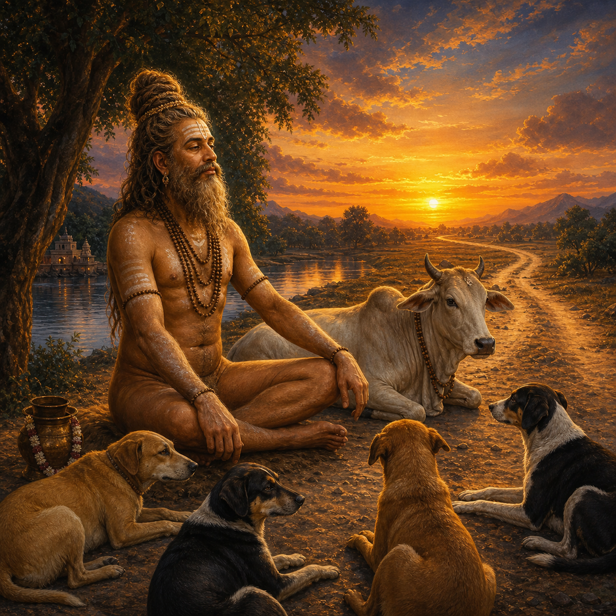 A naked-skinned wanderer walks toward the horizon down an endless flat road, evening sky filled with bright clouds