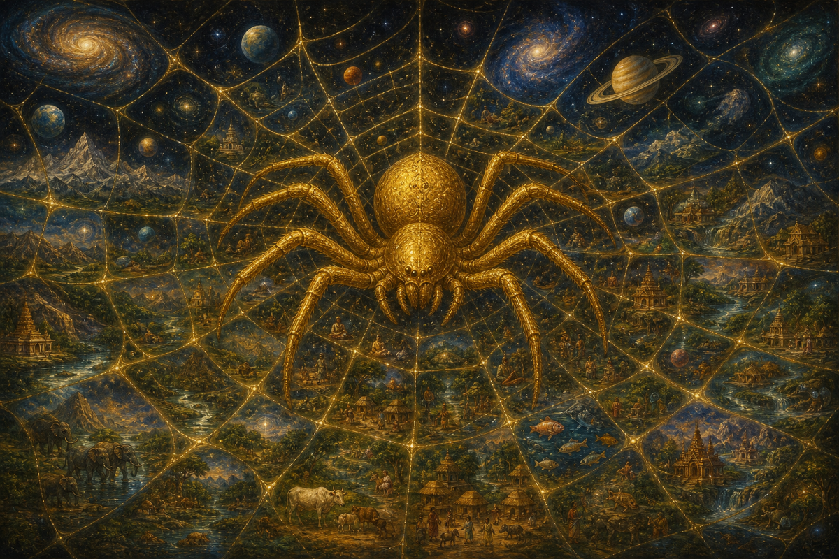 A great spider at the center of a golden web that stretches out into a cosmos; inside the web's mesh, mountains, rivers, temples, villages, galaxies, all woven from the spider itself