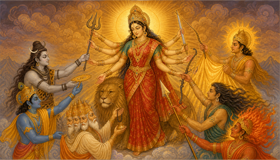 Devi Durga emerging from the combined light of Shiva, Vishnu, and Brahma; many-armed, lion at her feet, surrounded by gods handing her weapons, demons Madhu-Kaitabha at the edge