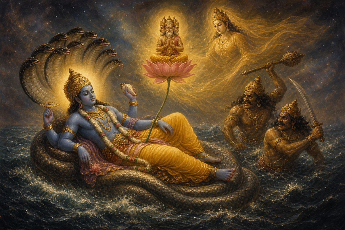 Vishnu sleeping on the coiled Sheshnaag in the cosmic ocean, Brahma seated on a lotus from his navel; a faint feminine yoga-nidra figure presides at the edge
