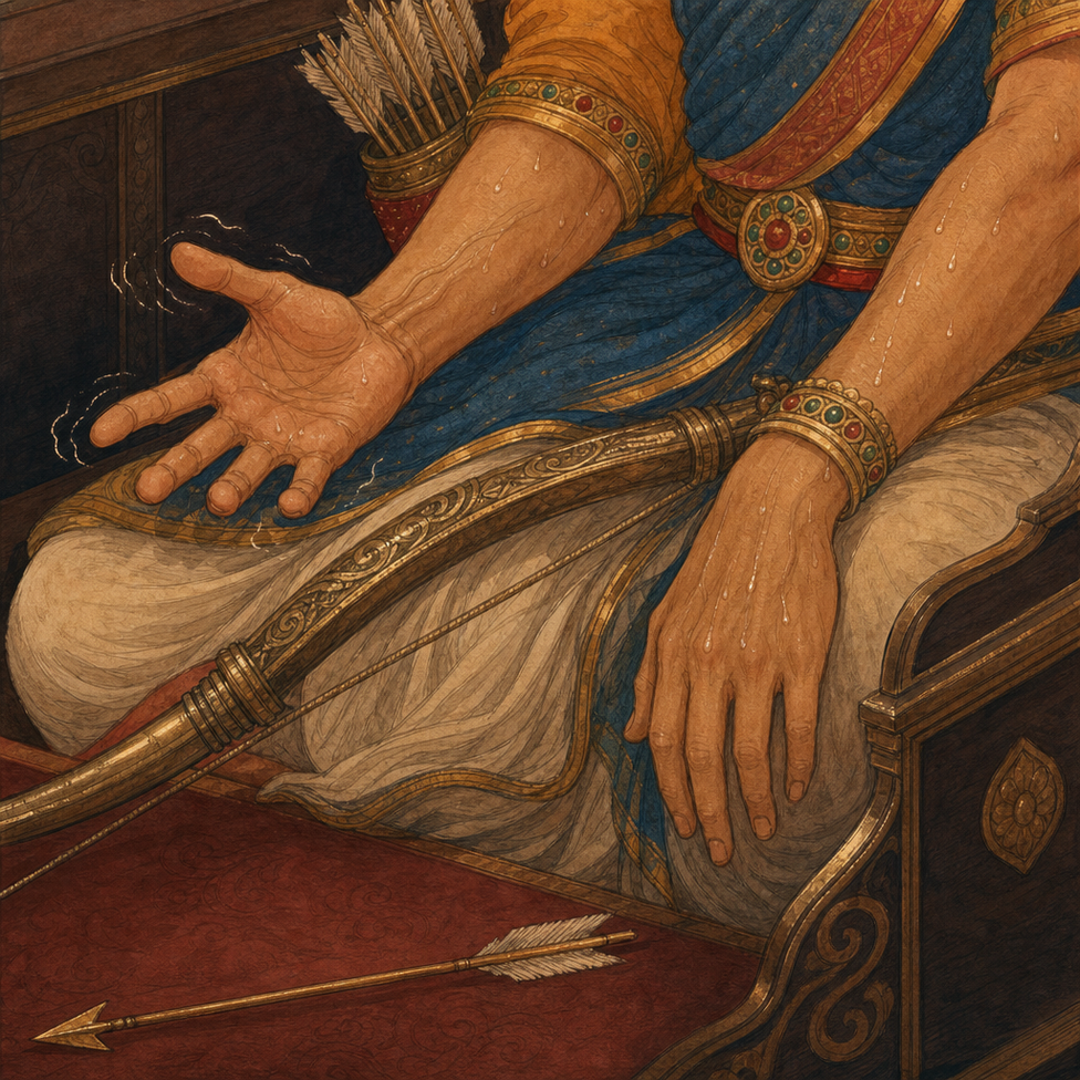 Close-up of Arjuna's hands letting go: the bow slipping, an arrow falling to the chariot floor
