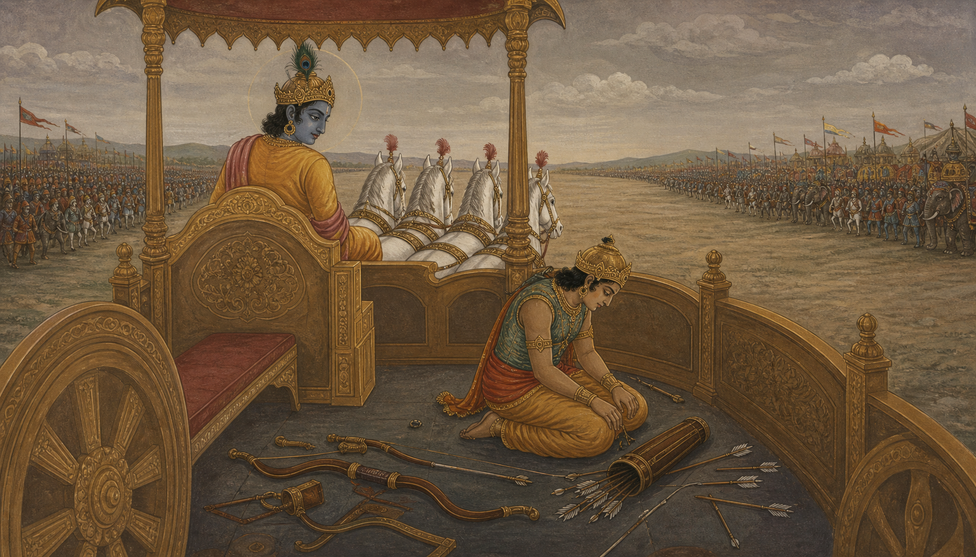 Arjuna, crowned, has sunk to the floor of the chariot at Krishna's feet, his bow and quiver scattered; the two armies blur in the distance
