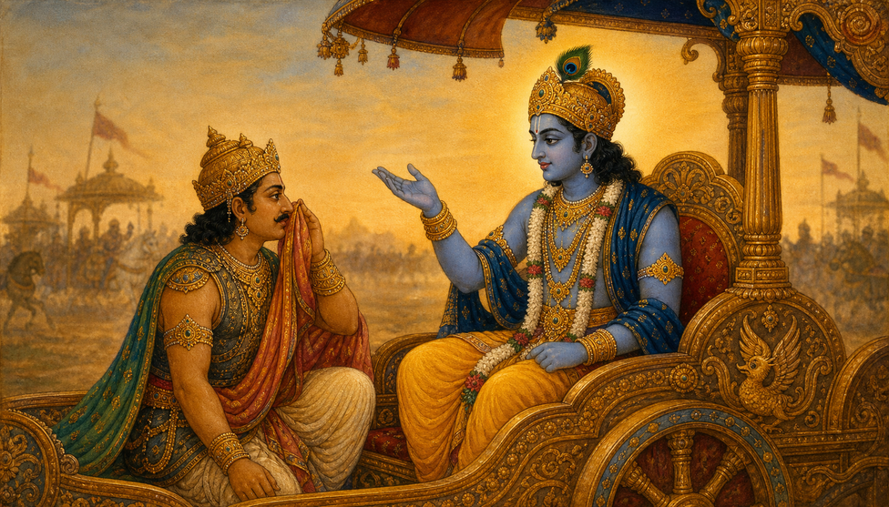 Krishna, garlanded and crowned, raises one hand mid-teaching; Arjuna leans in, fingers to his lips, the chariot canopy above them