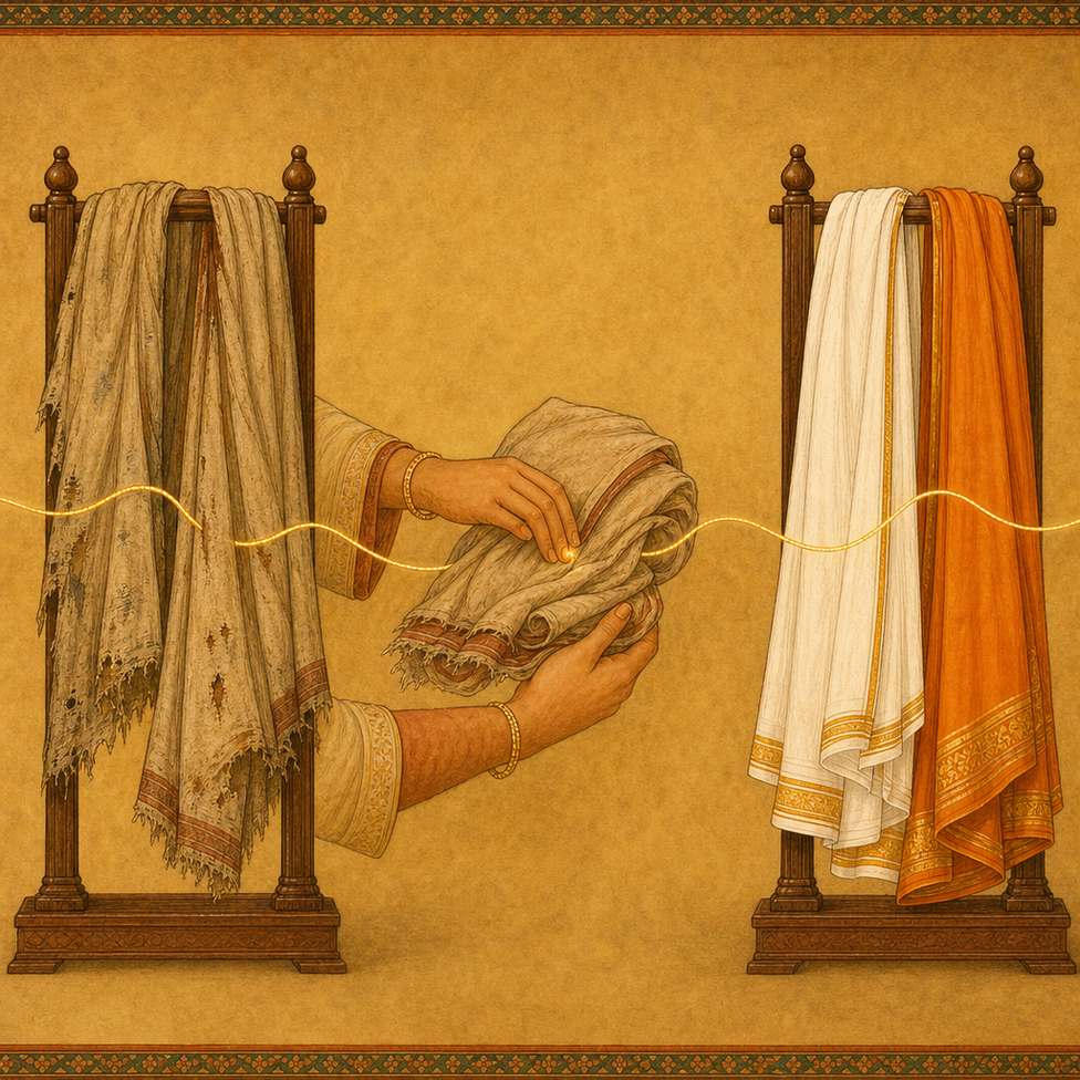Two wooden stands of folded cloth; hands lifting an old worn garment from one and reaching for a bright new one on the other