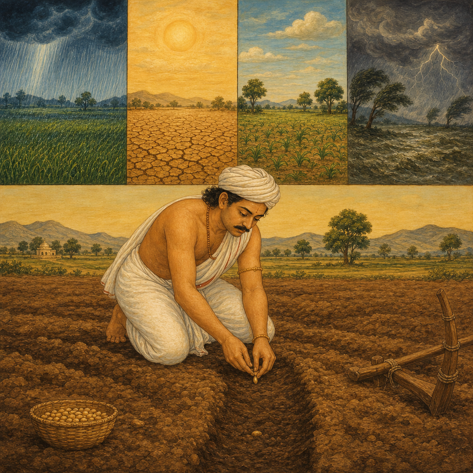 A farmer in white kneels in tilled earth, planting seed in a careful row; above him a four-panel sky shows storm, drought, sun, and lightning