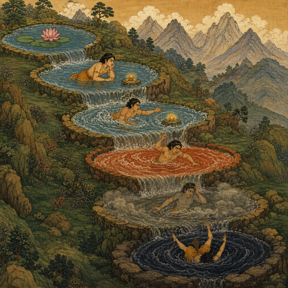 Six terraced waterfall-ponds descending a hillside: the top pool clear with a lotus, the next still bright, then orange, then grey, then dark, ending in a deep whirlpool
