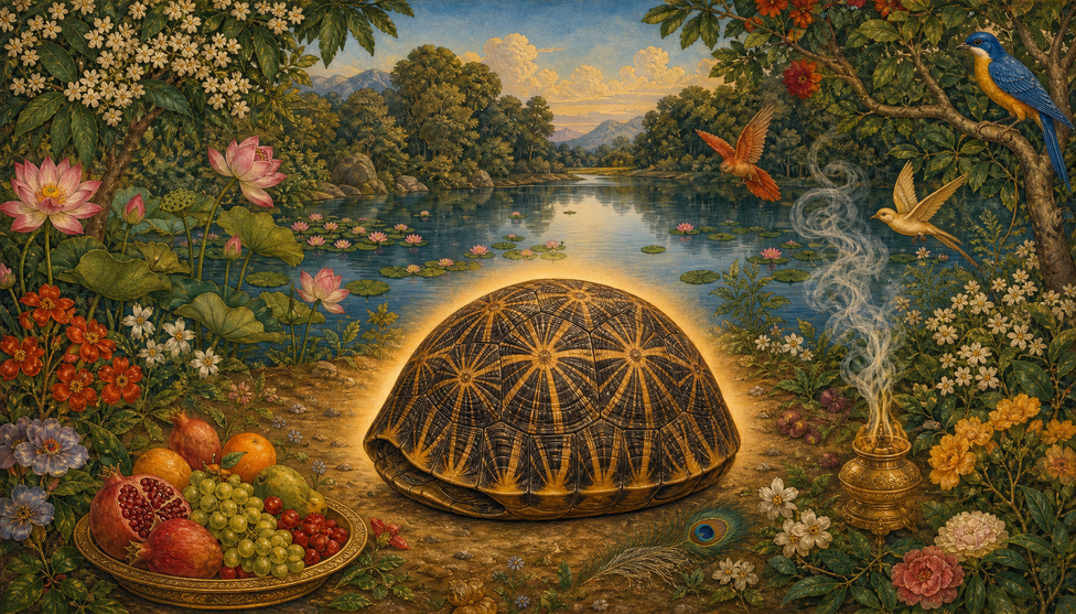 A turtle drawn fully into its shell in a garden of lotus, fruits, peacock-feathers, and incense; the river beyond stays still
