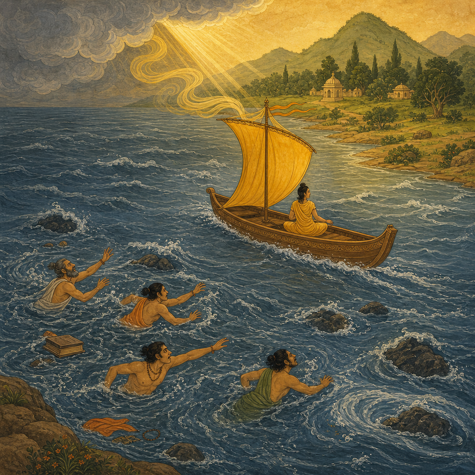 A small fishing boat with a golden sail rides a rough sea; figures struggle in the water around it; sunlight breaks through to the boat