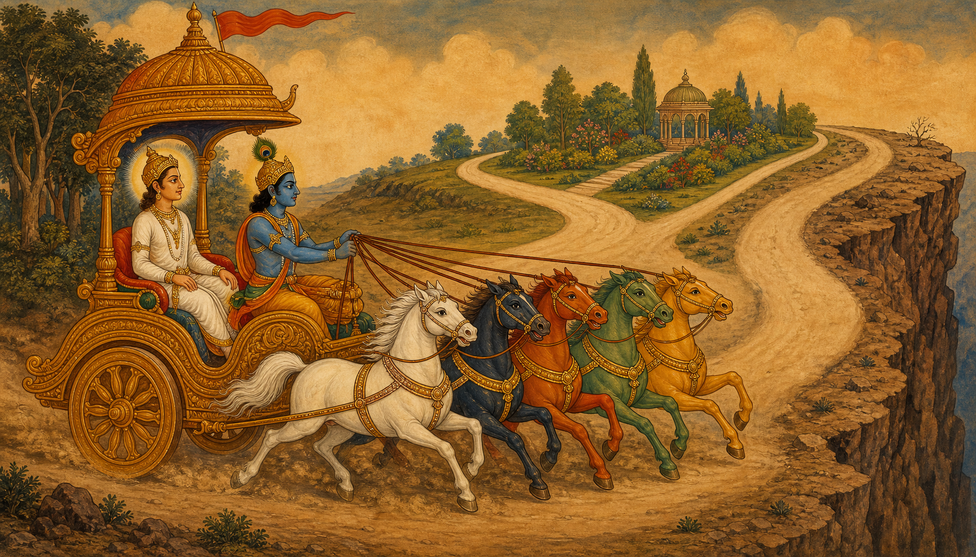 Krishna driving a five-horse chariot up a winding mountain road; Arjuna seated behind, the path climbing toward a temple on the ridge