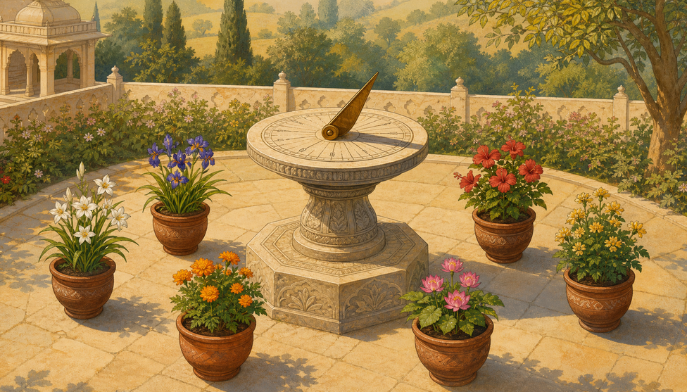 A stone sundial in a small garden, ringed by flower-pots; clear afternoon light