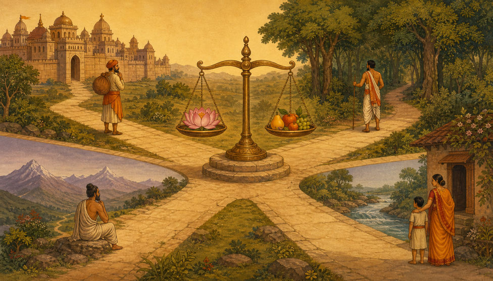 A brass balance-scale on a pedestal at a four-way crossing, one pan holding a lotus, the other holding fruits; four figures walk down the four paths