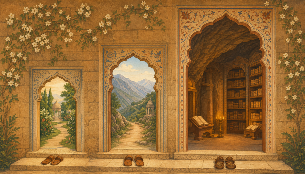 Three arched doorways side by side, each opening onto a different path — garden, mountain trail, library cave