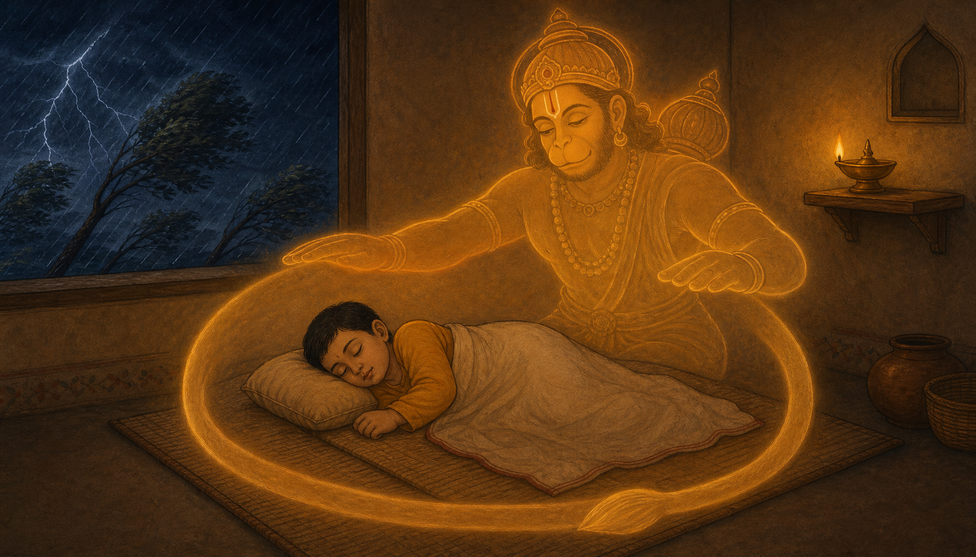 A child asleep on a mat at night while a storm rages outside; a luminous protective Hanuman form arcs over the child like a shield