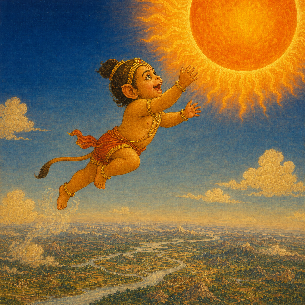 A small Hanuman child leaping in the sky with arms outstretched toward the sun, the earth and a river spread far below