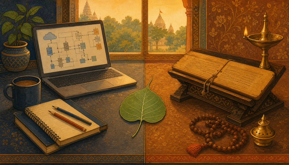 A reading workspace: a laptop with a flowchart on screen, a notepad, a brass diya, an open scripture book, a peepal leaf, japa mala — temple silhouette through the window