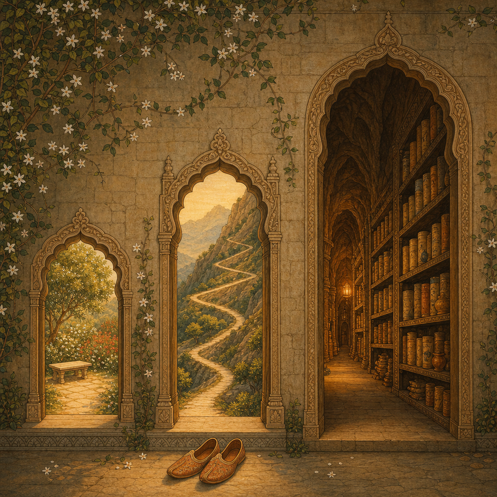 Three arched doorways: one onto a flower garden, one onto a mountain path, one into a candlelit library — sandals at each entrance