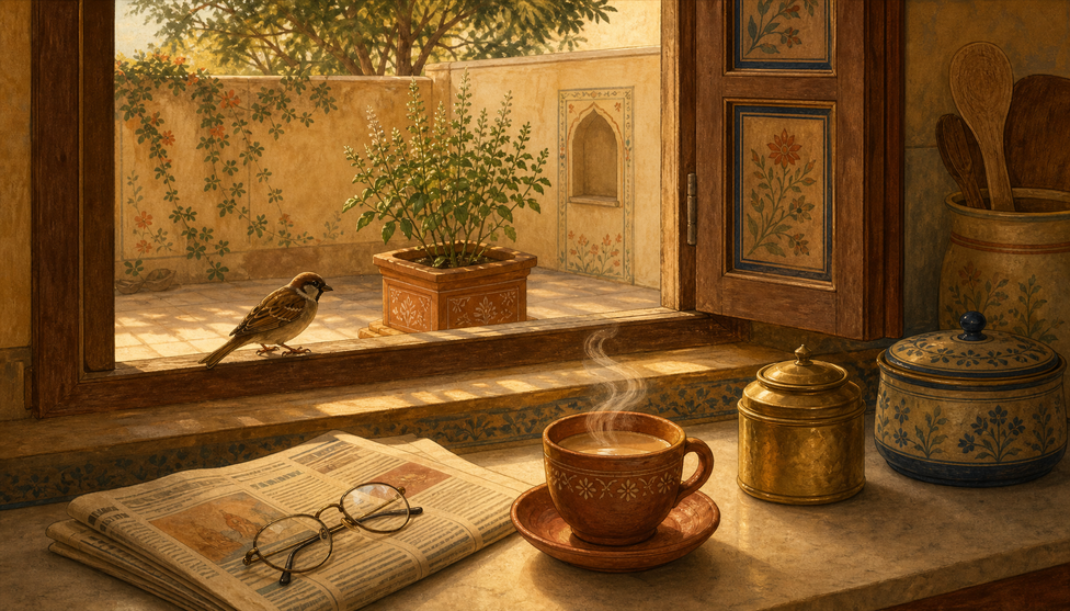 A window onto a courtyard with a sparrow; on the sill, a folded newspaper with reading glasses, a steaming cup of chai