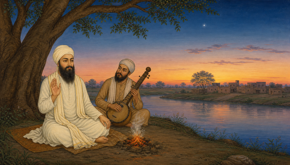 Guru Nanak teaching by a river at dusk, Bhai Mardana playing the rabab beside him, a small fire and the lights of a town across the water