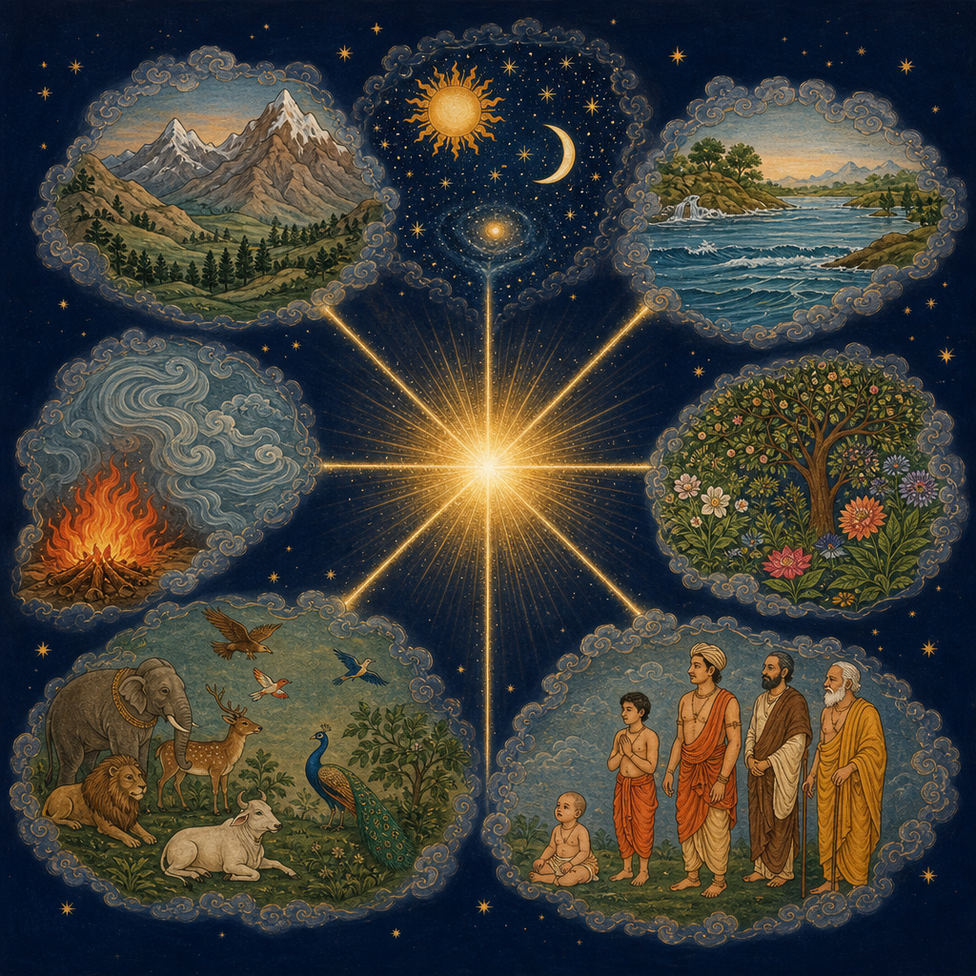 A six-panel cloud showing mountains, sun and moon, an ocean, fire, forest with animals, and three humans — a sampler of all creation
