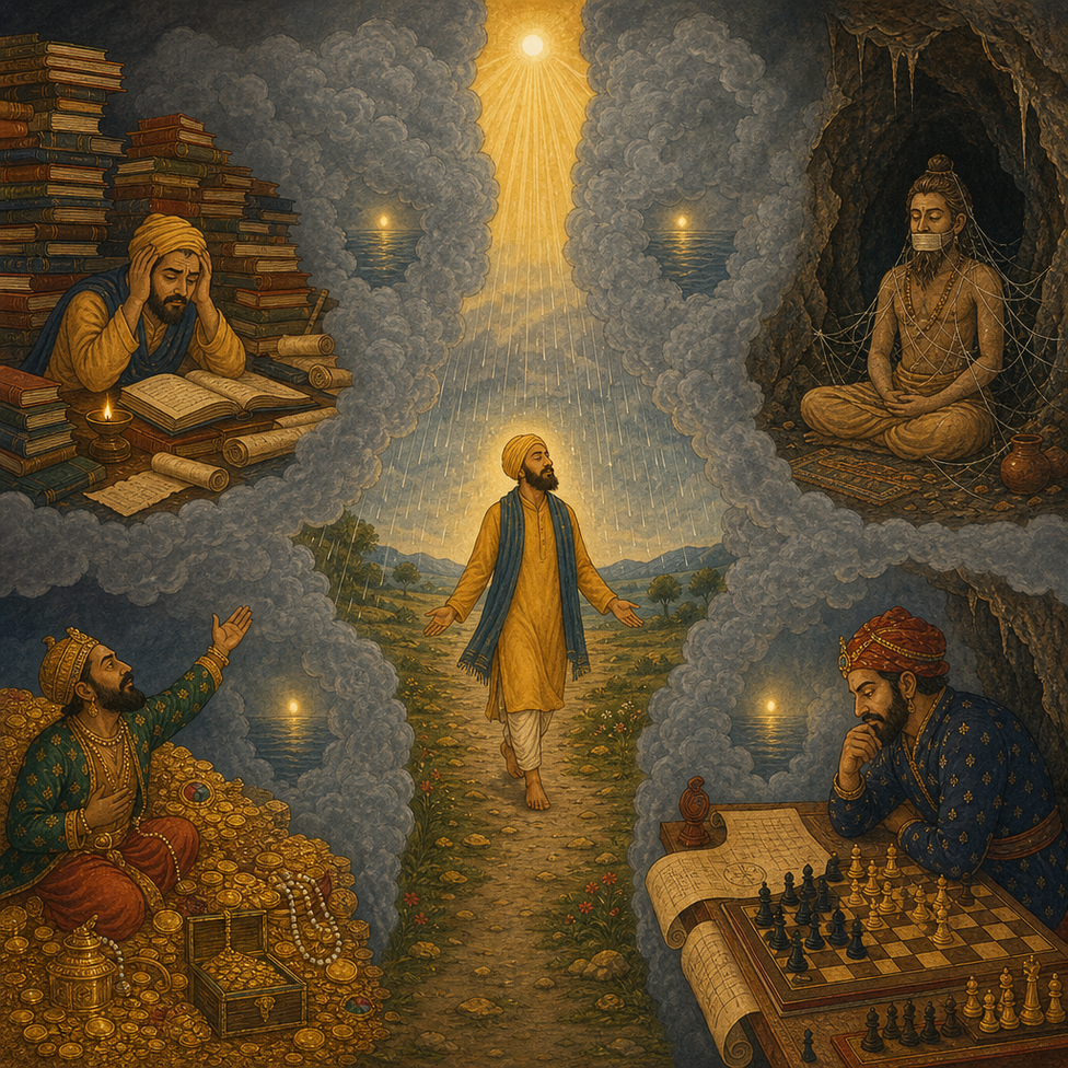 A walker on a misty mountain path with four panels around him — a scholar with books, an ascetic in a cave, a king with a treasure-chest, a warrior at a chessboard