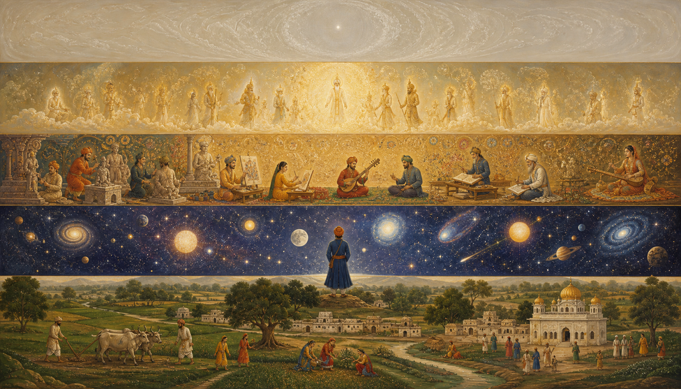 A vertical four-tier banner: a village earth at the bottom, a cosmos of stars and a small human above it, a row of sages playing instruments in the middle, and a band of radiant beings at the top